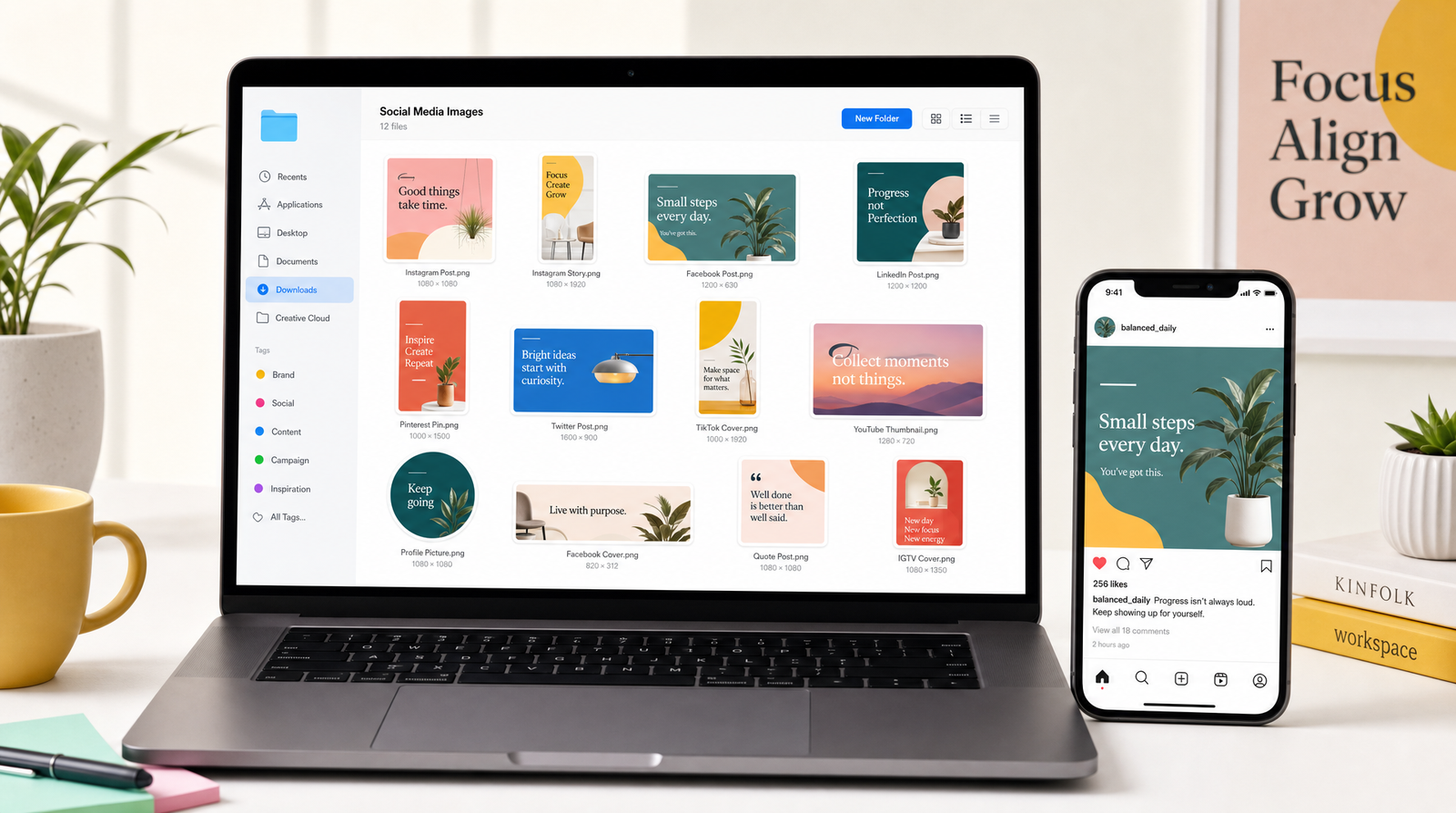 A tidy grid of neatly sized social media image files freshly downloaded on a laptop screen, each a different shape, next to a phone showing a polished social post, on a bright minimal desk.