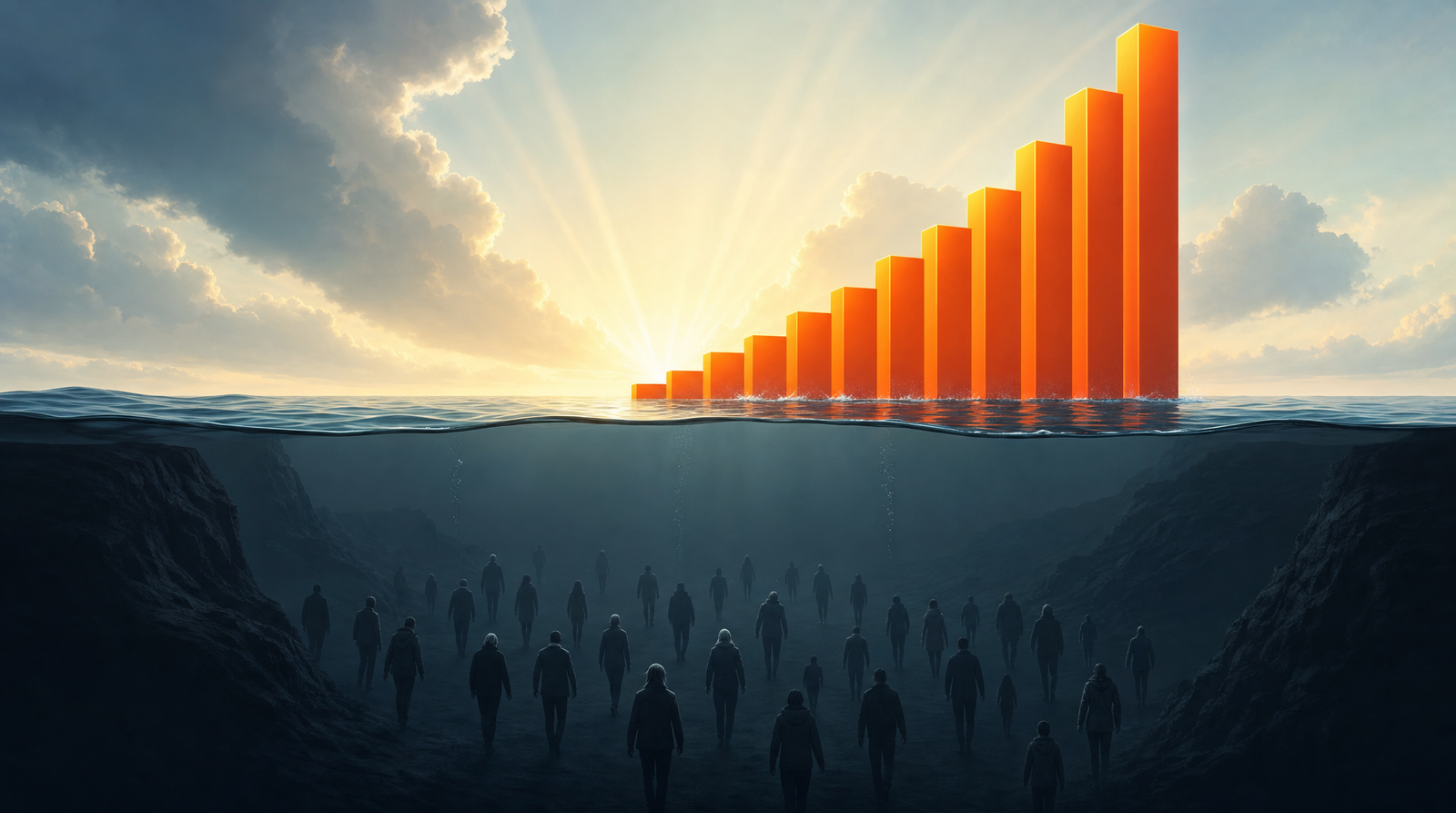 A tall orange bar chart rising confidently above a waterline into a bright sunlit sky, while beneath the surface dozens of gray silhouettes quietly walk away in the shadows.