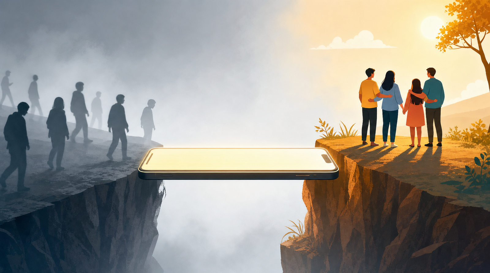 A glowing smartphone forming a bridge across a canyon, with faint gray figures drifting through mist on one side and a small group of warmly lit people standing together on a sunlit cliff on the other.