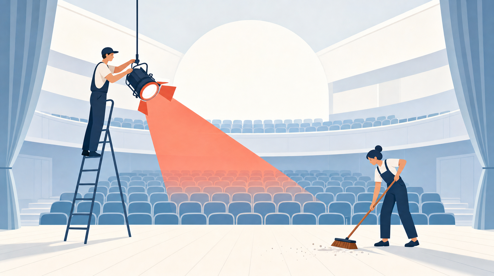 A flat editorial illustration of an empty theatre auditorium seen from the stage, with two crew members calmly hanging a coral stage light on a ladder and sweeping the bare stage before any audience arrives.