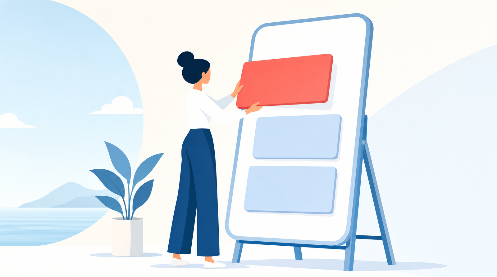 A flat editorial illustration of a person standing at a large blank phone-shaped board on an easel, calmly rearranging blank rounded tiles and holding one coral tile lifted mid-air, with a potted plant beside them.