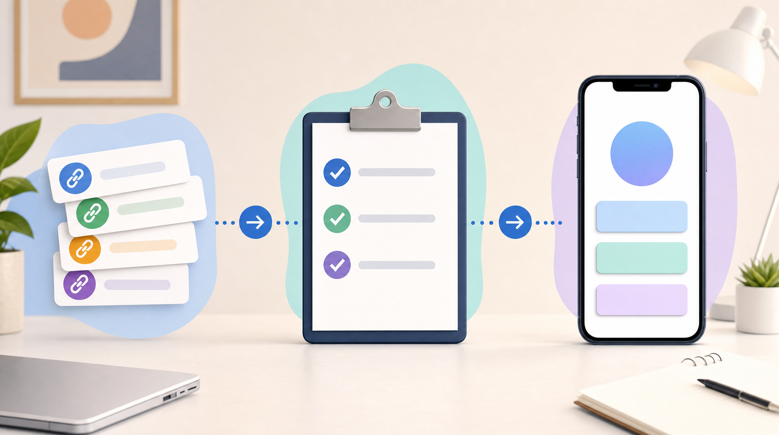 A three-step migration flow: a stack of loose link cards, then a checklist clipboard with ticked items, then a clean phone screen showing a tidy bio page with a profile circle and three buttons