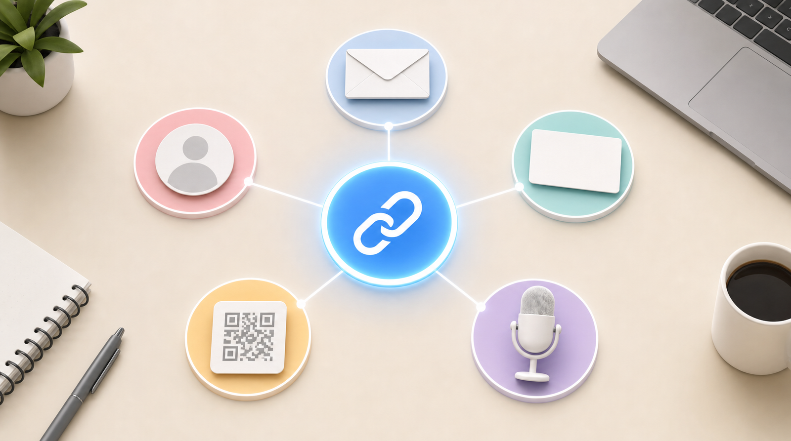 A radial diagram with a central glowing link icon connected by thin lines to five surrounding objects: an envelope, a business card, a podcast microphone, a QR sticker, and a profile avatar