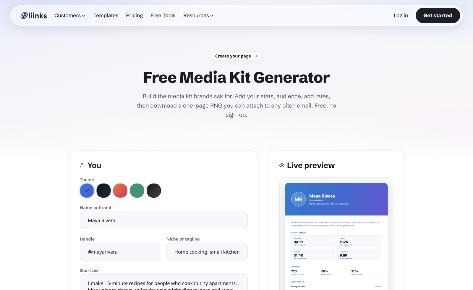 The Liinks Media Kit Generator landing page, with the heading Free Media Kit Generator, a form panel on the left starting with theme swatches and name fields, and a live preview of a finished media kit on the right.