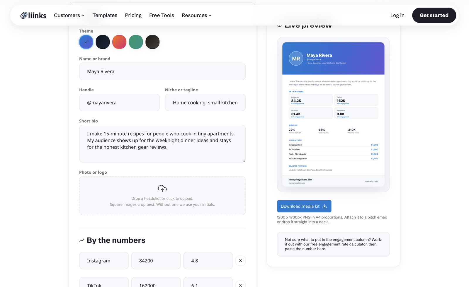The Media Kit Generator form and live preview side by side, showing the name, handle, tagline, bio and photo fields on the left, and the finished kit on the right with platform stats, audience highlights, a rate list, partner names, and a Download media kit button.
