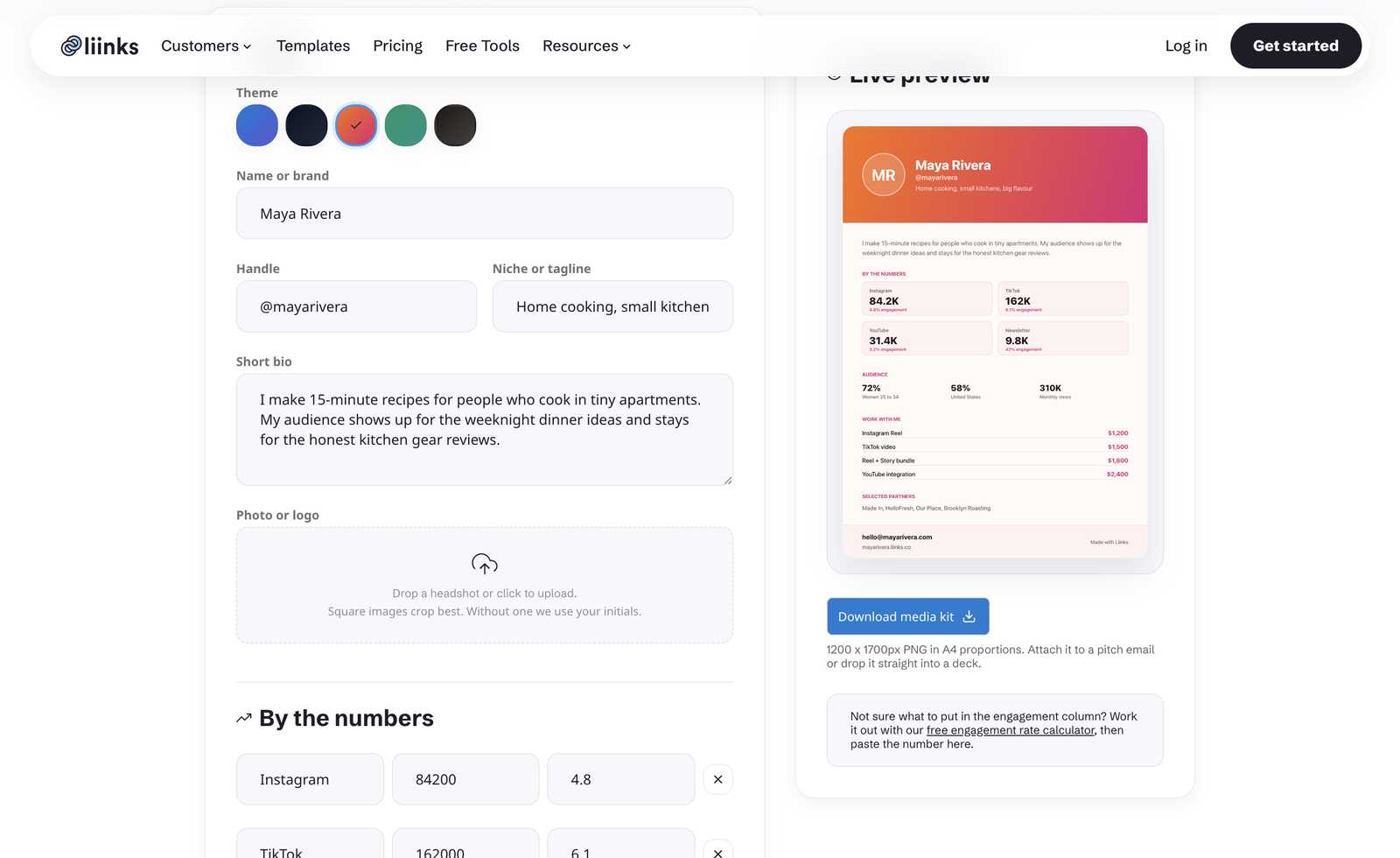 The Media Kit Generator with the Sunset theme selected, showing the orange-to-pink header on the live preview alongside the name, handle, tagline, and bio fields in the form.