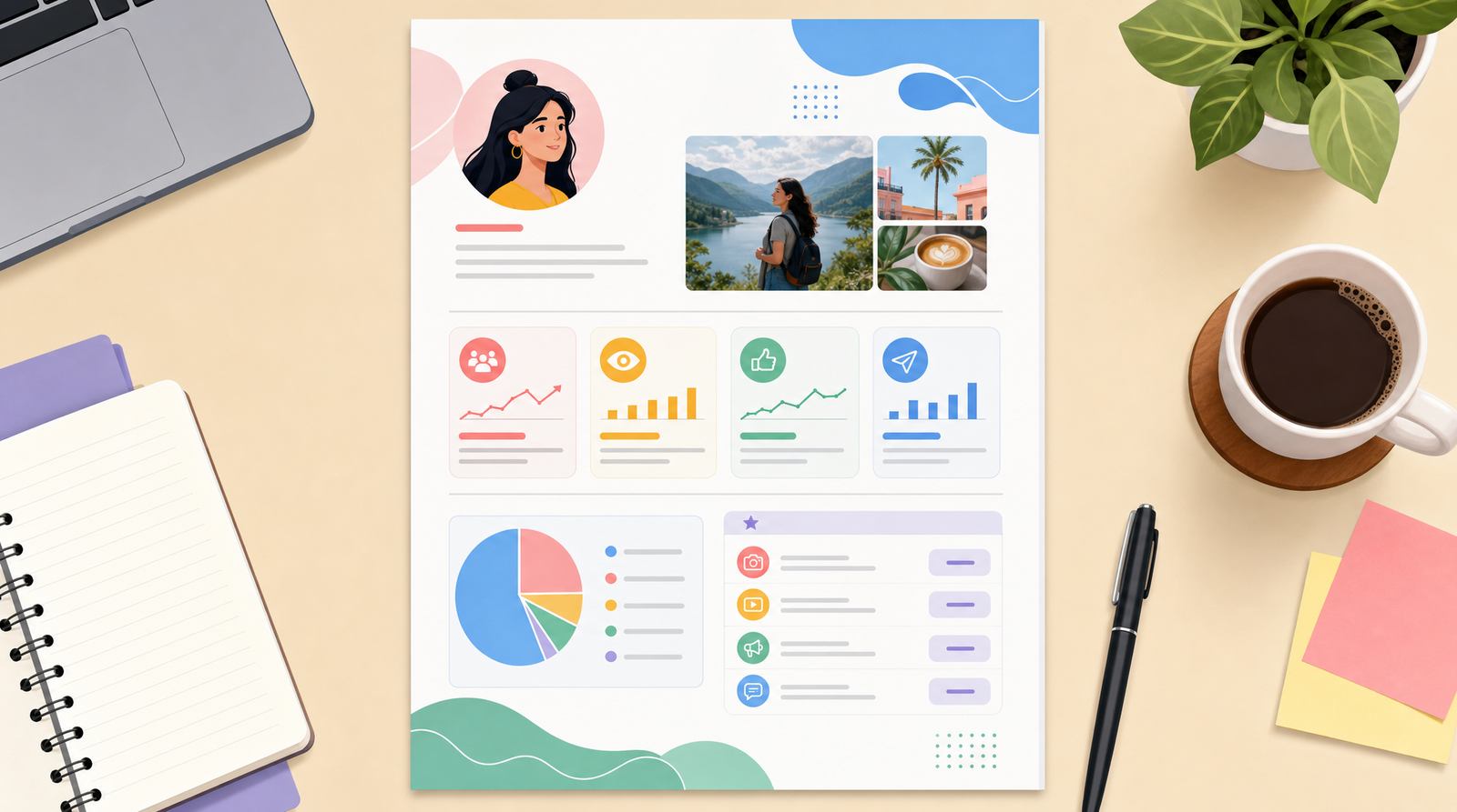 A flat overhead illustration of a single-page creator media kit on a desk, showing four small stat cards, an audience breakdown, and a short price list in tidy rows, with a pen and coffee cup at the edge.