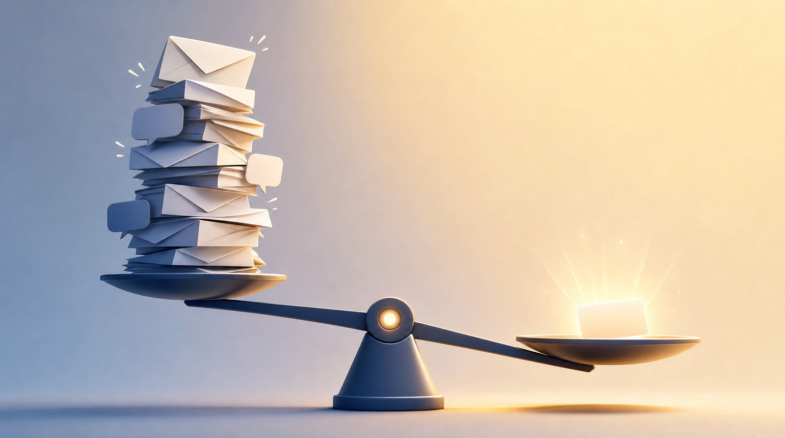 A balance scale with a tall teetering stack of sealed blank envelopes and message bubbles on one side, outweighed by a single small glowing blank card on the other side