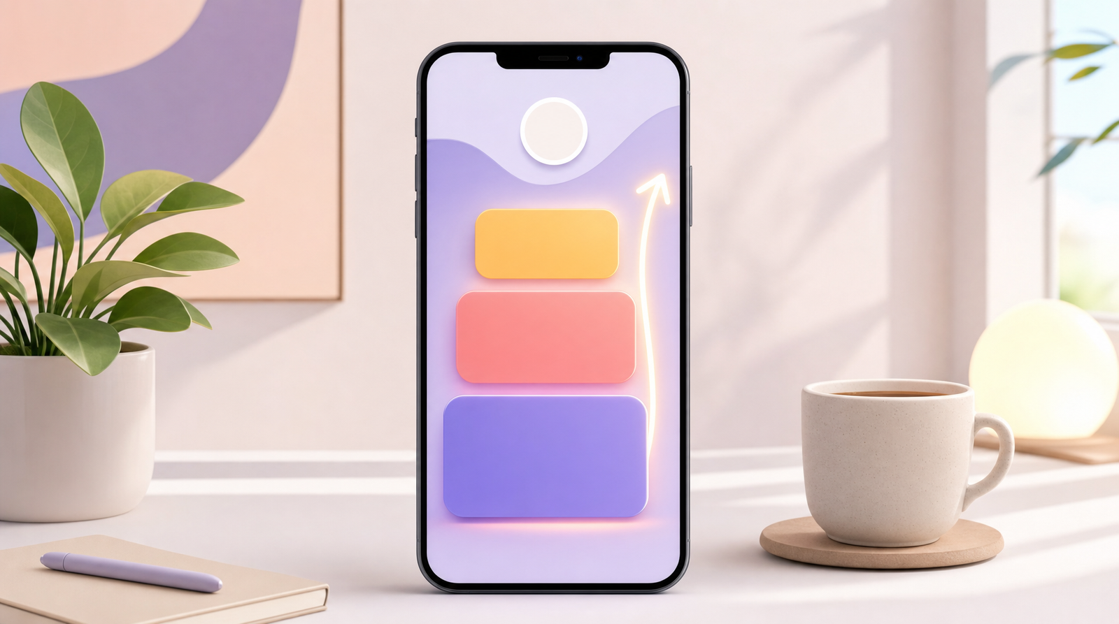 A smartphone on a clean desk showing a simple bio page with three stacked rounded cards of increasing height and a glowing arrow curving upward alongside them