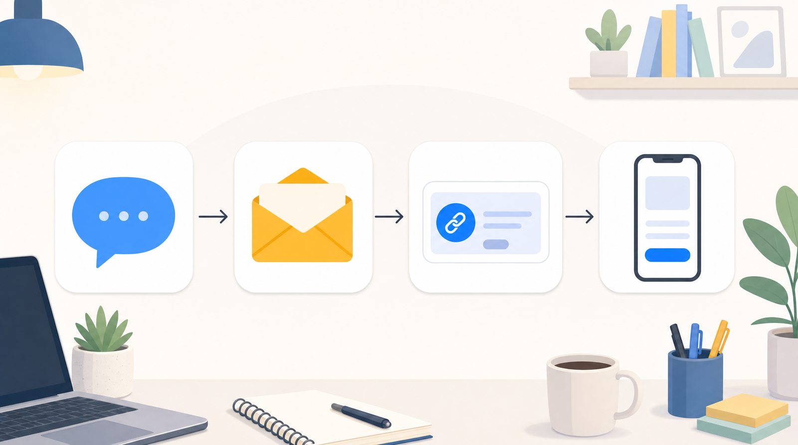 A four-step horizontal flow diagram on a light desk background: a blue speech bubble, an open envelope, a link card, and a phone screen with one highlighted button, connected by thin arrows