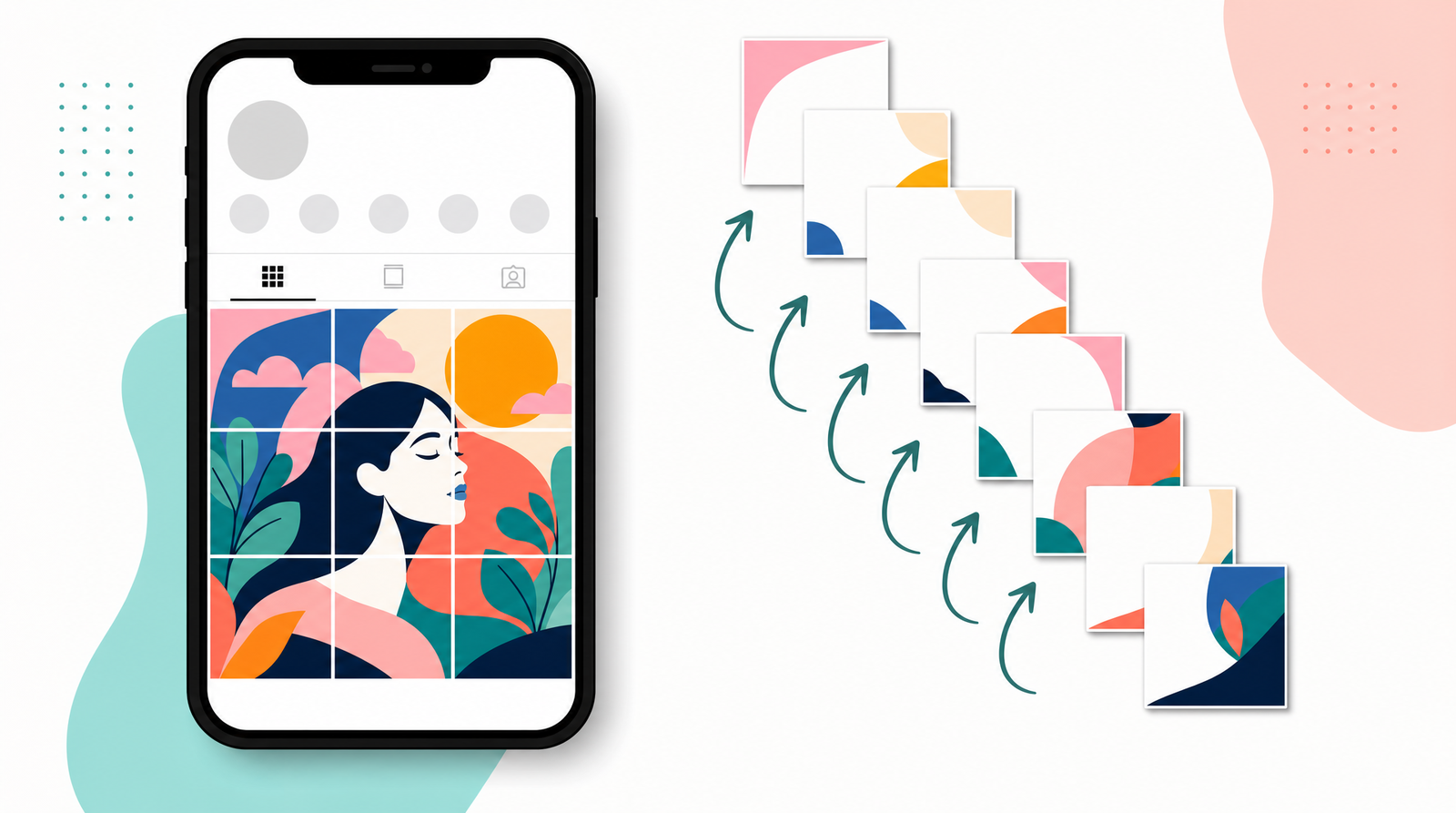 A phone showing an Instagram-style profile grid where a single colourful mural spans nine tiles, next to a fanned stack of nine blank tile cards with curved arrows showing them being placed in reverse order from bottom-right to top-left.
