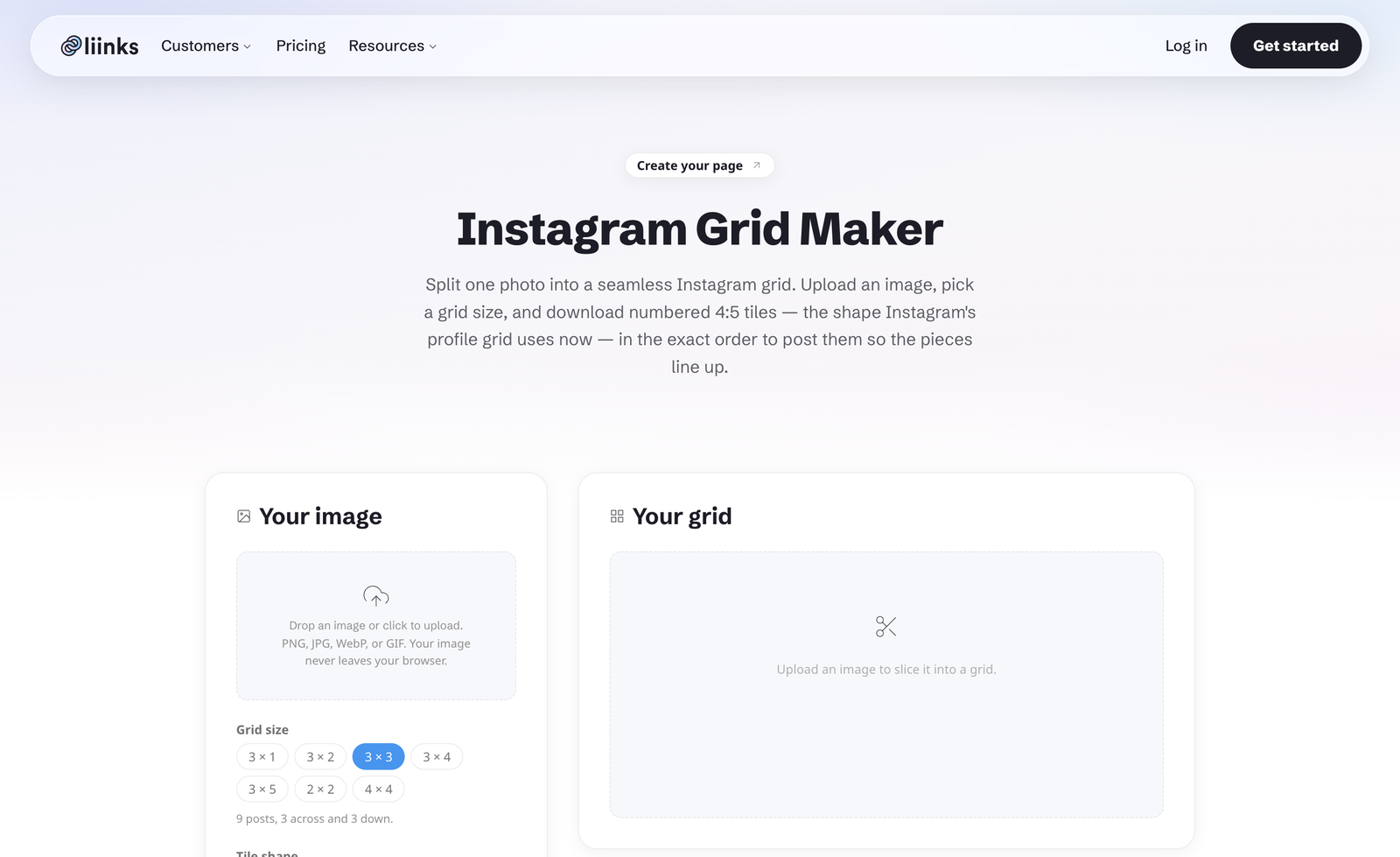 The Liinks Instagram Grid Maker landing page, with the heading Instagram Grid Maker, a subtitle explaining that it splits one photo into a seamless Instagram grid, and two empty panels below labelled Your image and Your grid.