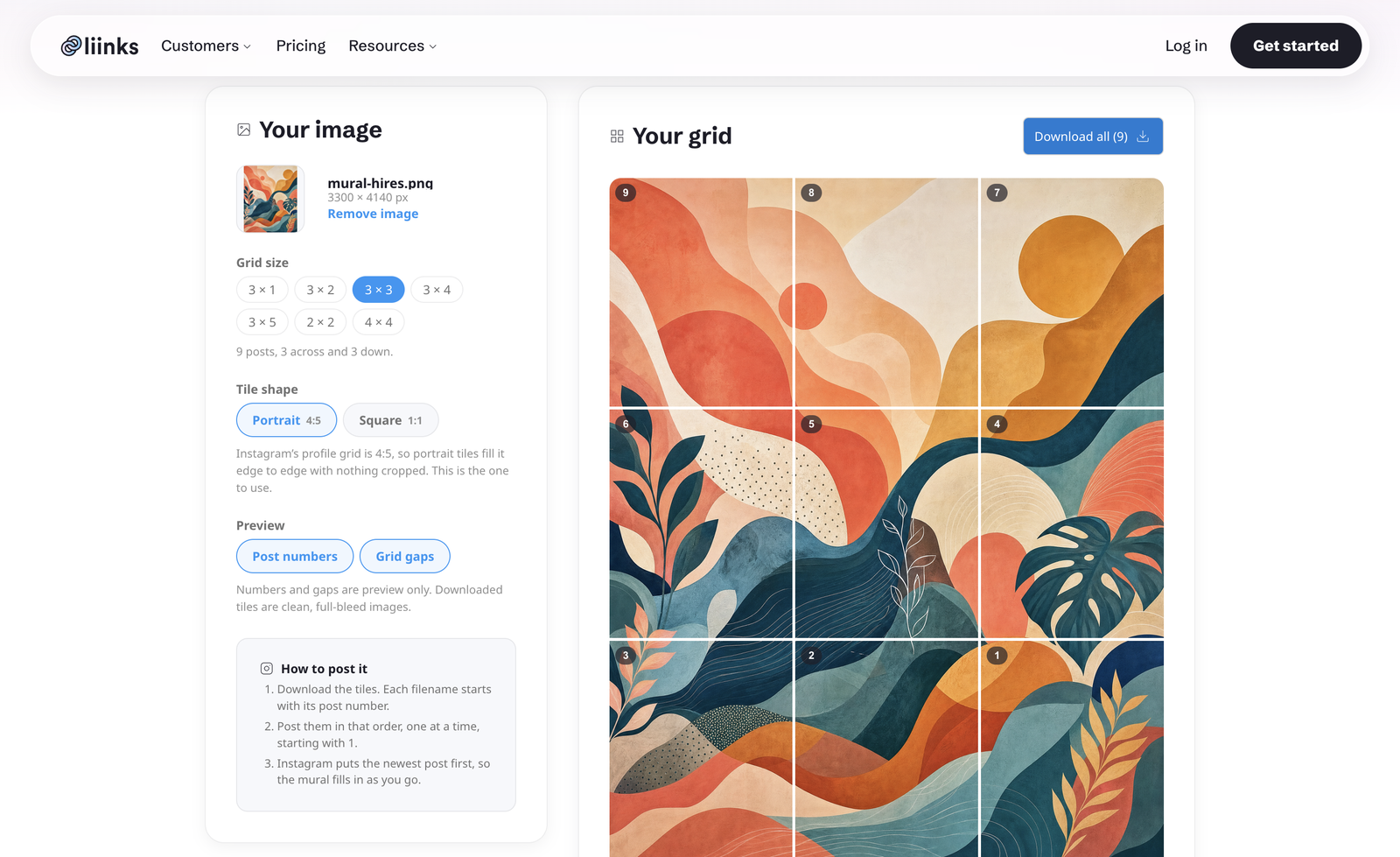 The Liinks Instagram Grid Maker with an abstract mural loaded, showing the controls panel on the left with grid size, tile shape and preview options, and a nine-tile preview on the right with each tile numbered from nine in the top left down to one in the bottom right.