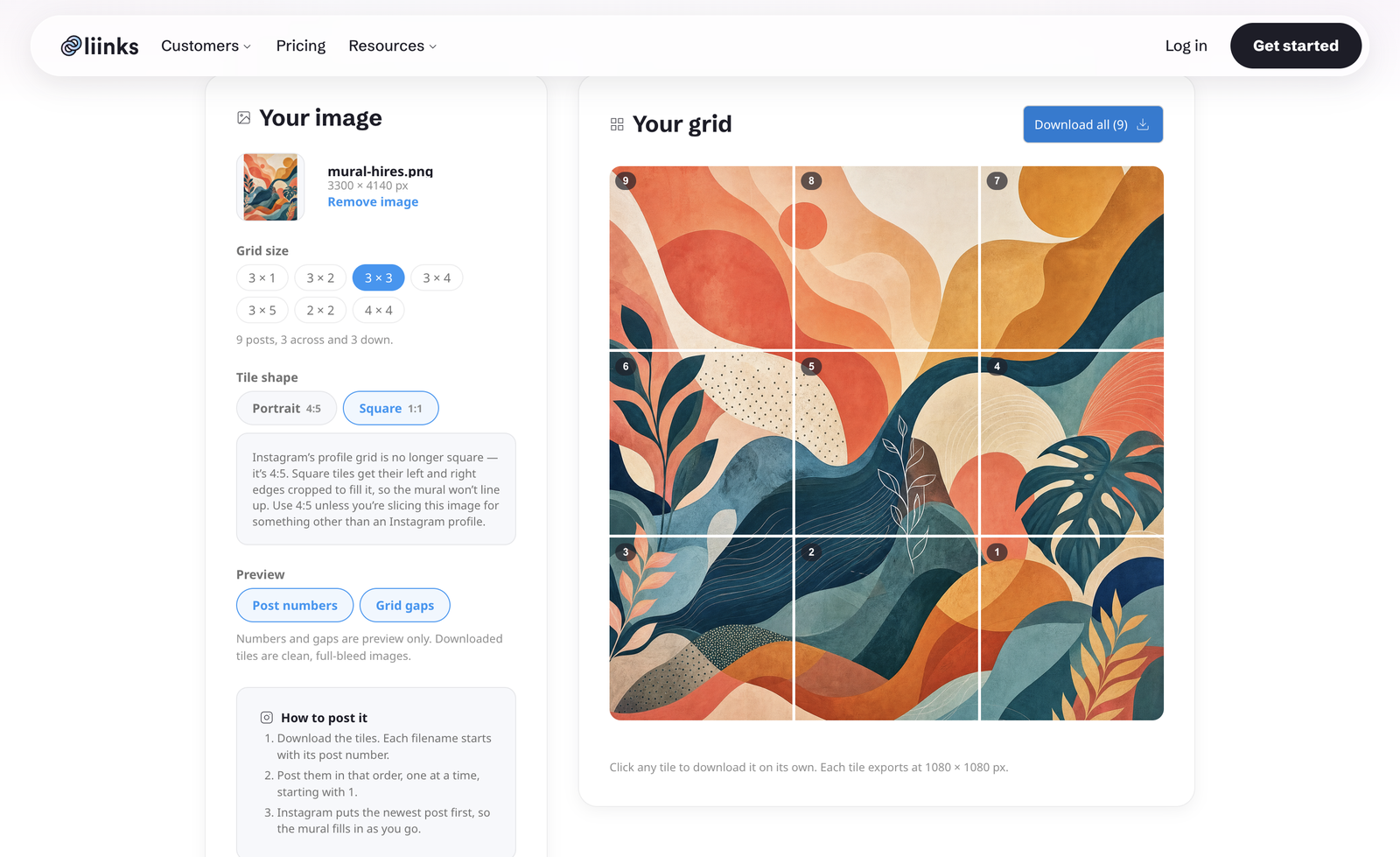 The Liinks Instagram Grid Maker with the Square 1:1 tile shape selected, showing a warning that Instagram's profile grid is no longer square and that square tiles get their left and right edges cropped, next to a nine-tile preview of an abstract mural.