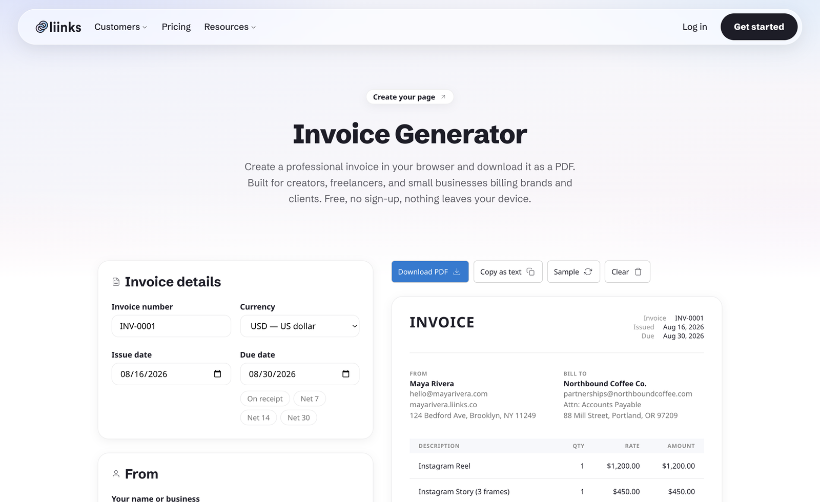 The Liinks Invoice Generator page, with the heading Invoice Generator, a subtitle explaining that it creates a professional invoice in your browser as a PDF, an Invoice details form on the left with invoice number, currency, issue date and due date fields, and a live invoice preview on the right showing a sample invoice from a creator to a coffee brand.