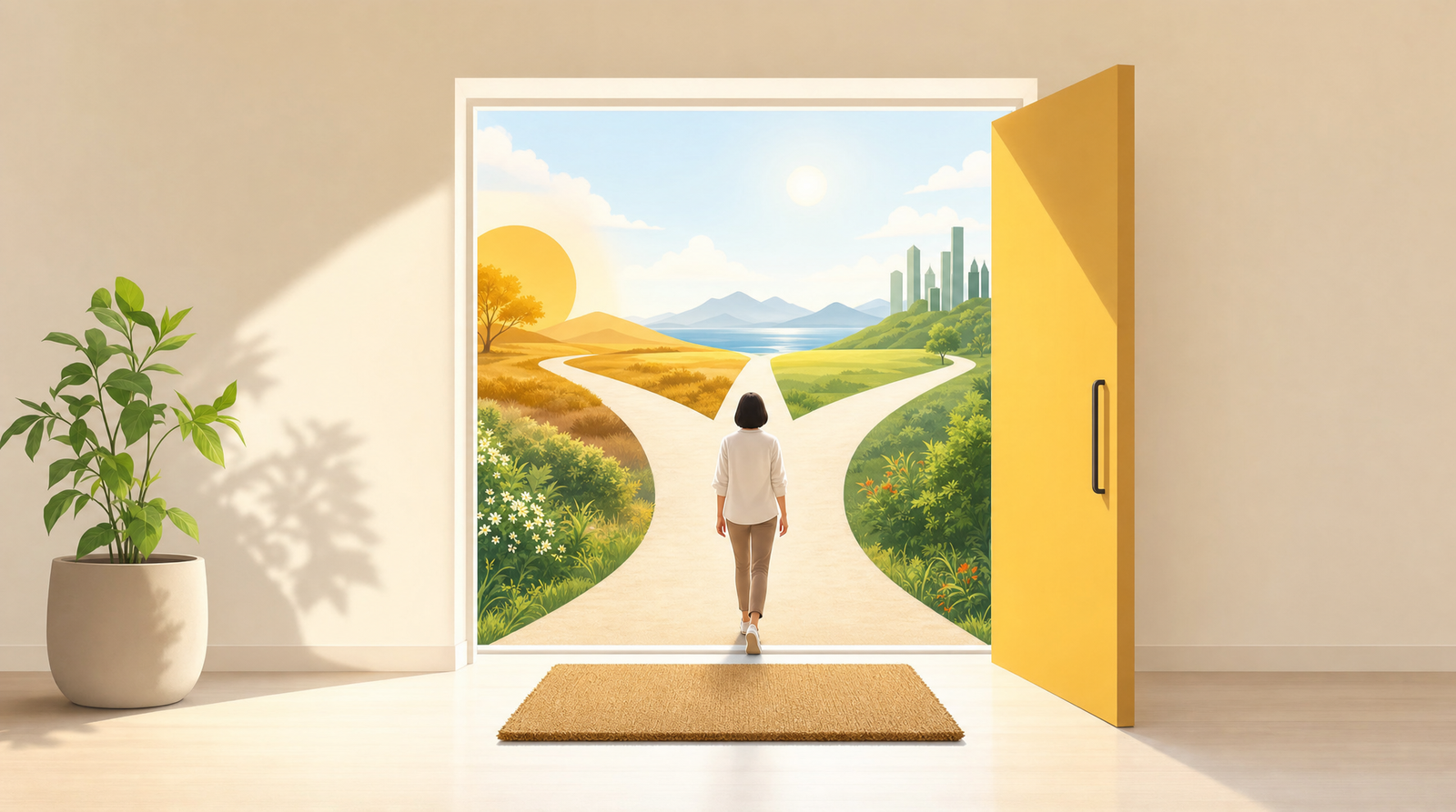 A bright, airy room with a single open doorway, a welcome mat in front of it, and three softly lit paths branching away across a pastel landscape beyond, with one visitor stepping through