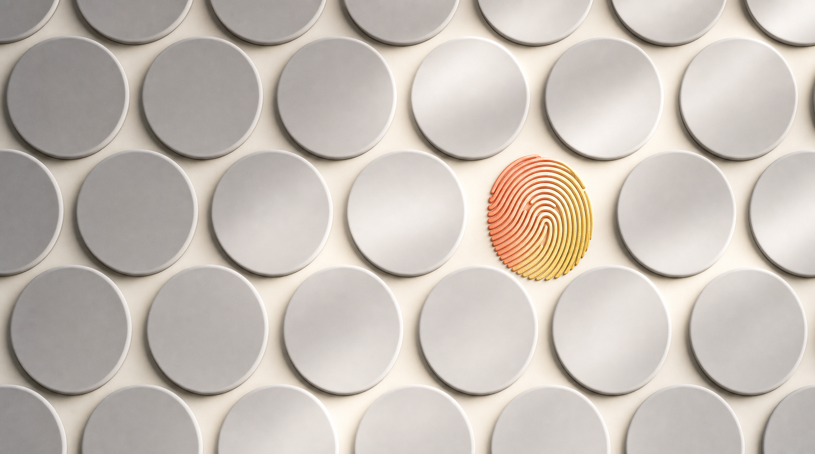 An illustration of a dense grid of identical flat gray circles filling the frame, with one circle replaced by a detailed fingerprint in coral and gold.