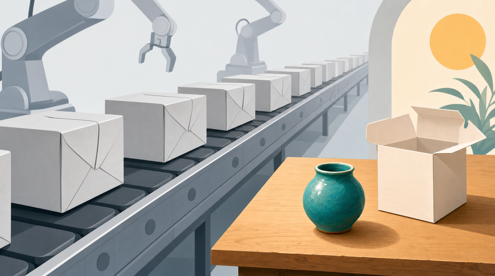 An illustration of a factory conveyor belt carrying dozens of identical plain white parcels past robotic arms, while a single handmade teal ceramic pot sits alone on a warm wooden table beside the belt.