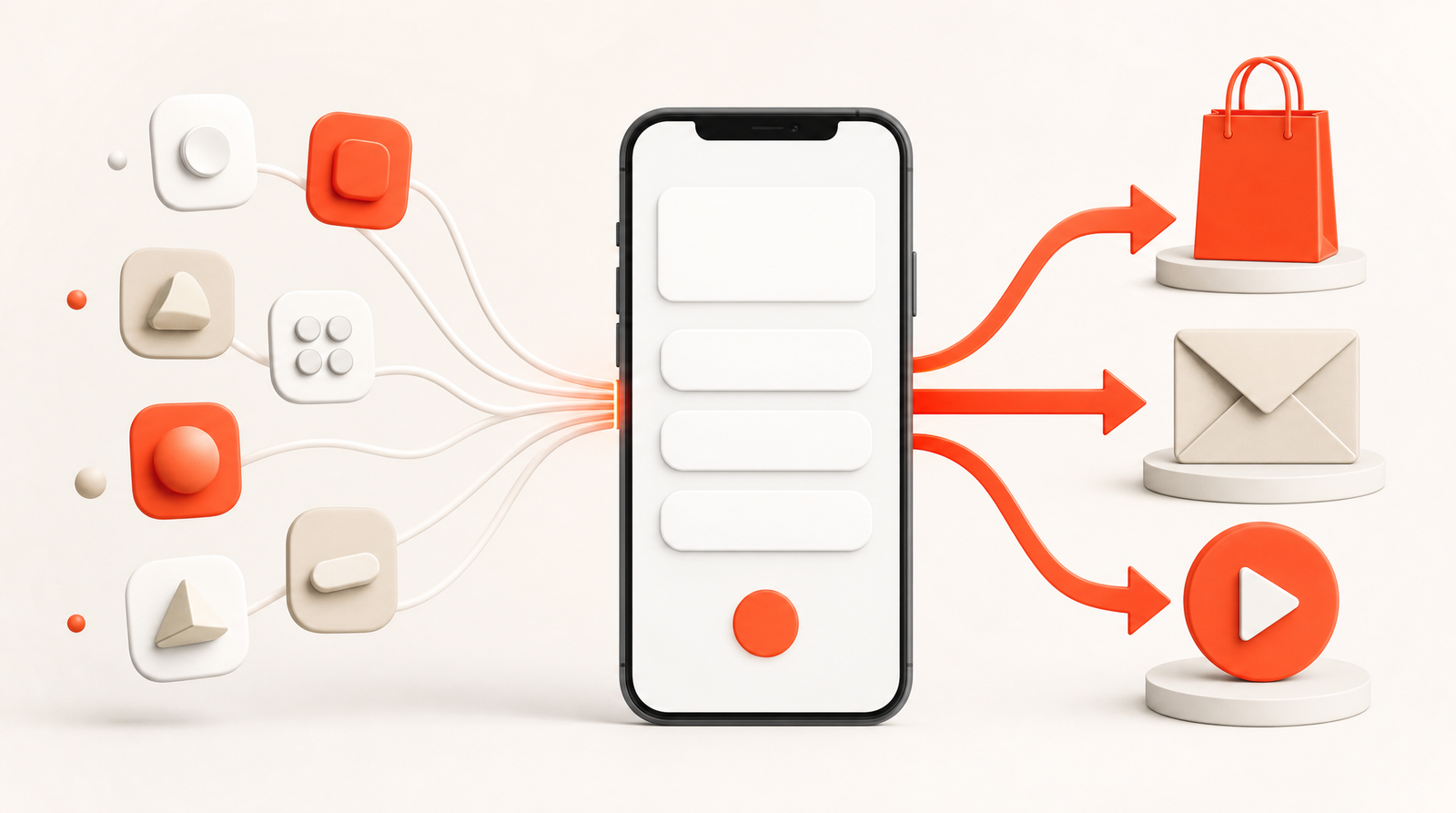 Several abstract app tiles flowing along curved lines into one central smartphone showing a simple page with blank buttons, and three bold arrows leaving the phone toward a shopping bag, an envelope and a play button