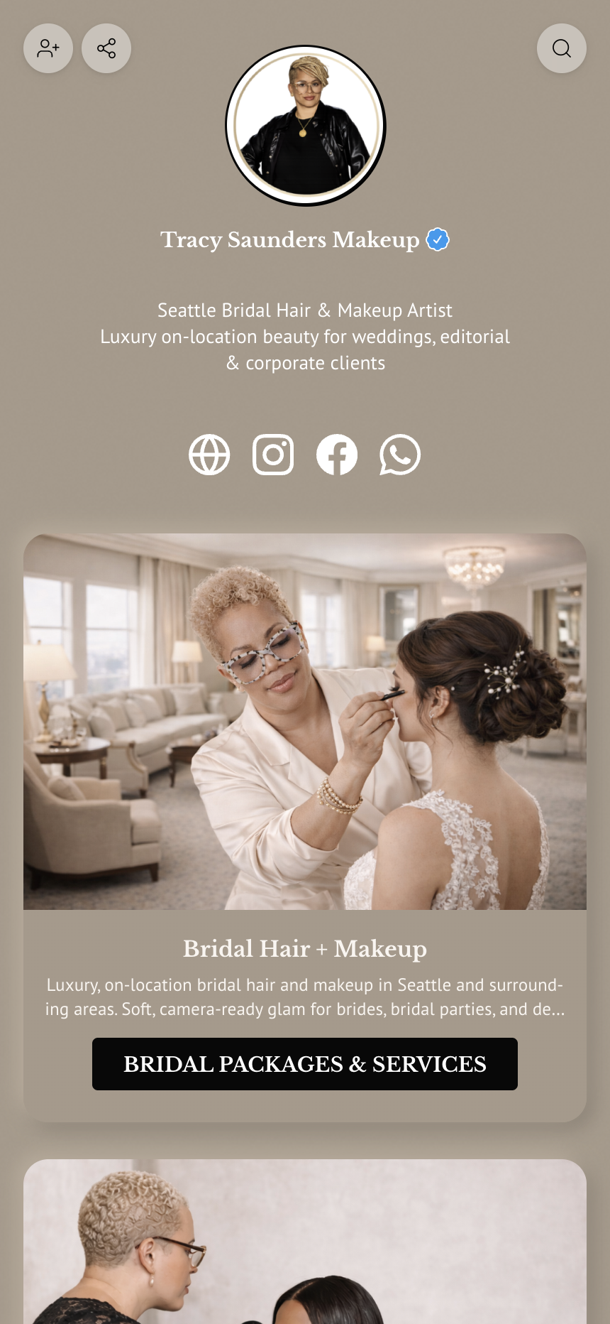 A mobile screenshot of the Liinks page for Tracy Saunders Makeup, showing a profile photo, the name Tracy Saunders Makeup, a bio reading Seattle Bridal Hair and Makeup Artist with luxury on-location beauty for weddings, four social icons, and a large photo section with a single prominent button reading Bridal Packages and Services