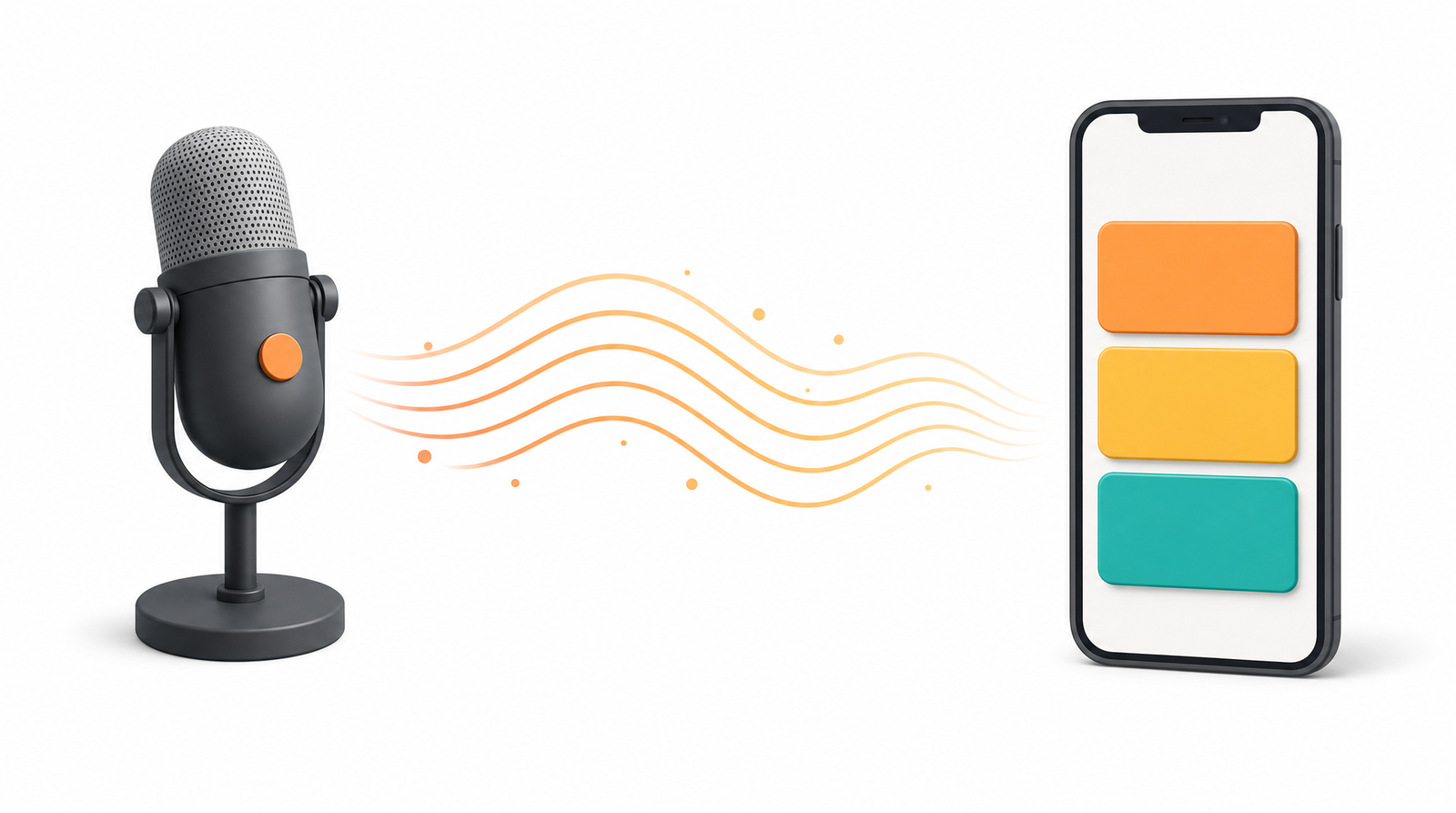 An illustration of a podcast microphone on the left with warm orange sound waves flowing rightward into a smartphone showing a simple stacked-button link-in-bio page.
