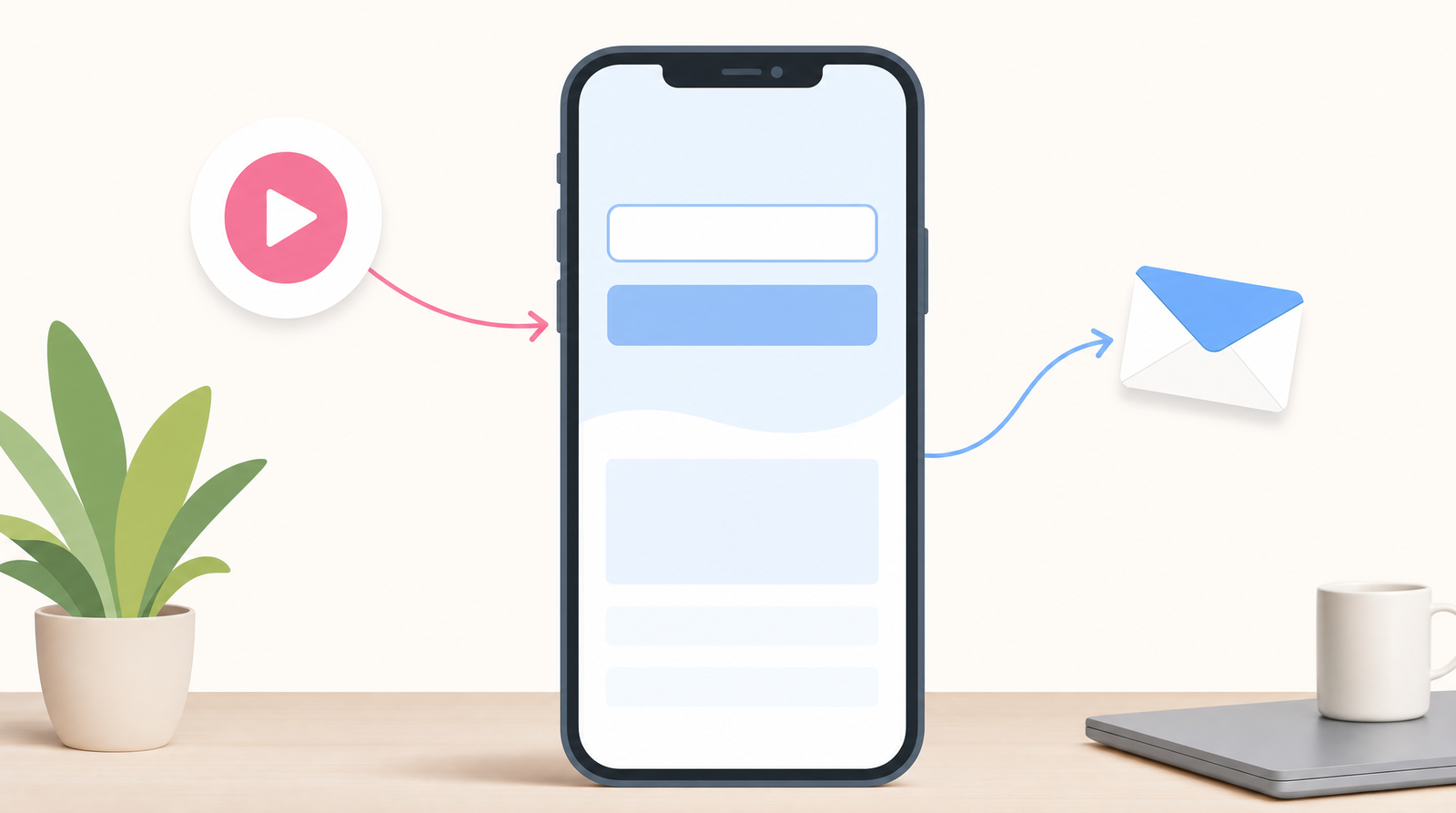 An illustration of a smartphone showing a simple page with an empty email sign-up field at the top, a play-button chip on the left connected by a pink arrow into the phone, and a blue envelope floating out to the right.