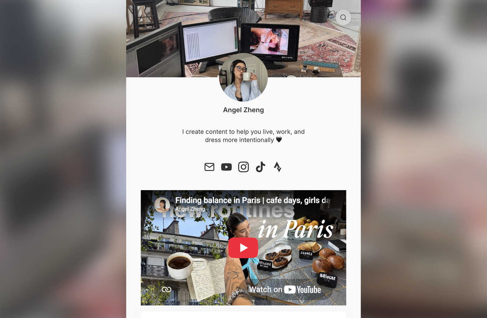 A Liinks page for Angel Zheng showing a header image, profile photo, a one-line bio explaining what she does, a row of social icons, and a featured YouTube video embedded above the link buttons.