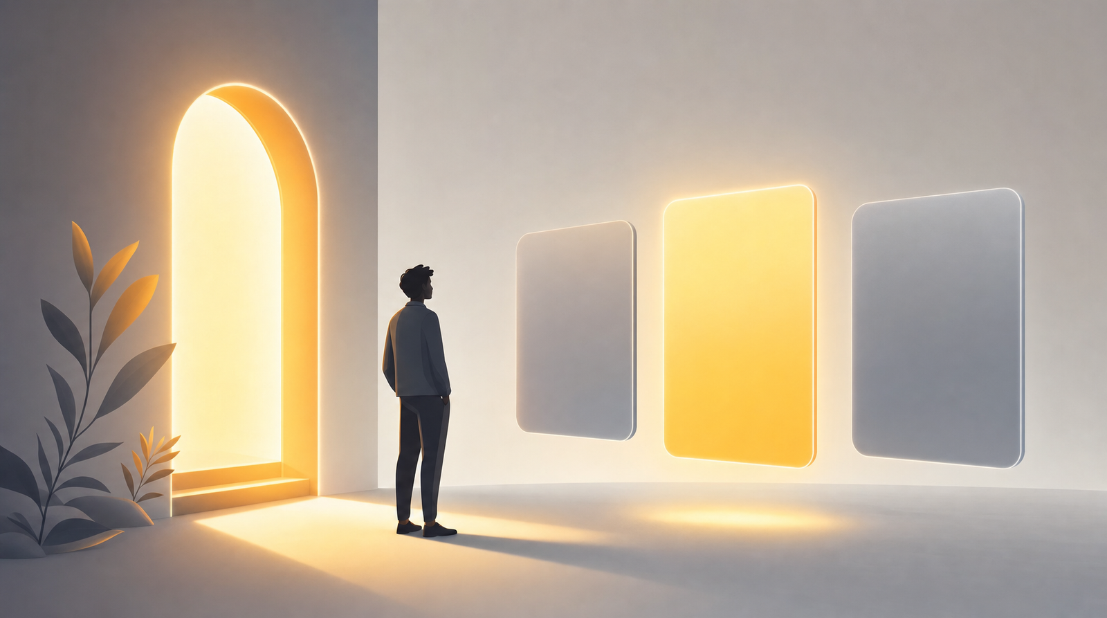 A single visitor standing in a bright minimal room beside a glowing arched doorway, facing three blank floating panels where the middle one is lit warm amber and the outer two stay pale grey