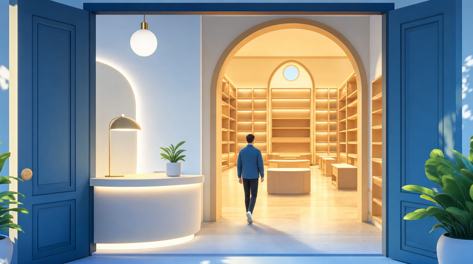 A brightly lit small welcome desk standing in an open blue doorway, with one visitor walking past it through a wide archway into a much larger warmly lit room lined with neat empty shelves
