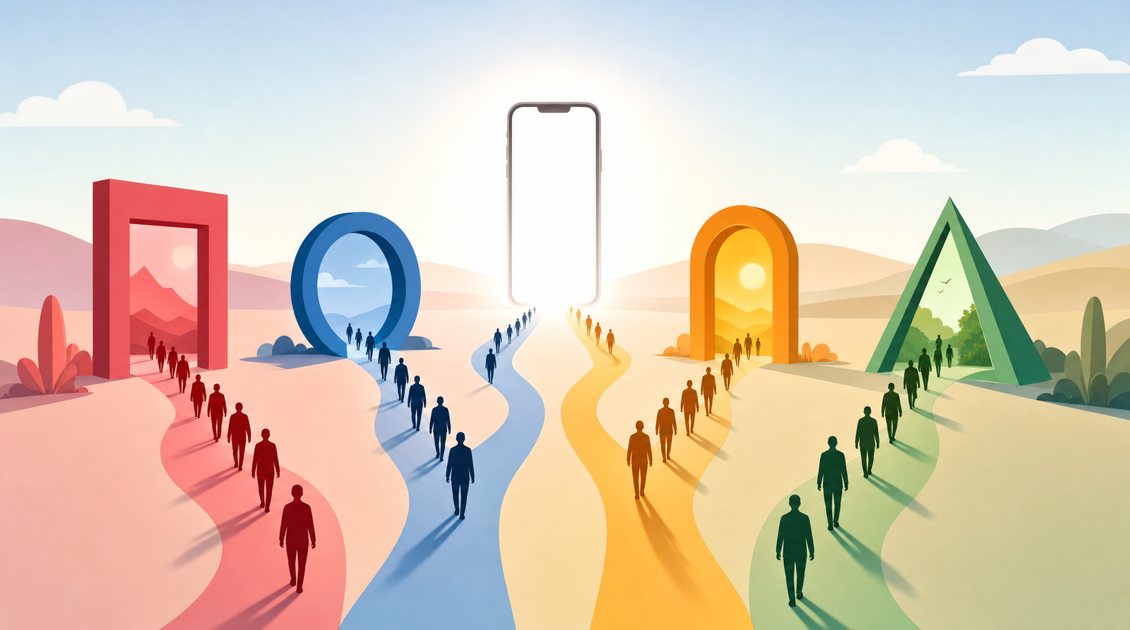 Four differently shaped and differently coloured doorways in an open pastel landscape, each with a stream of silhouetted figures walking out along curved coloured paths that converge toward a single upright smartphone with a blank screen