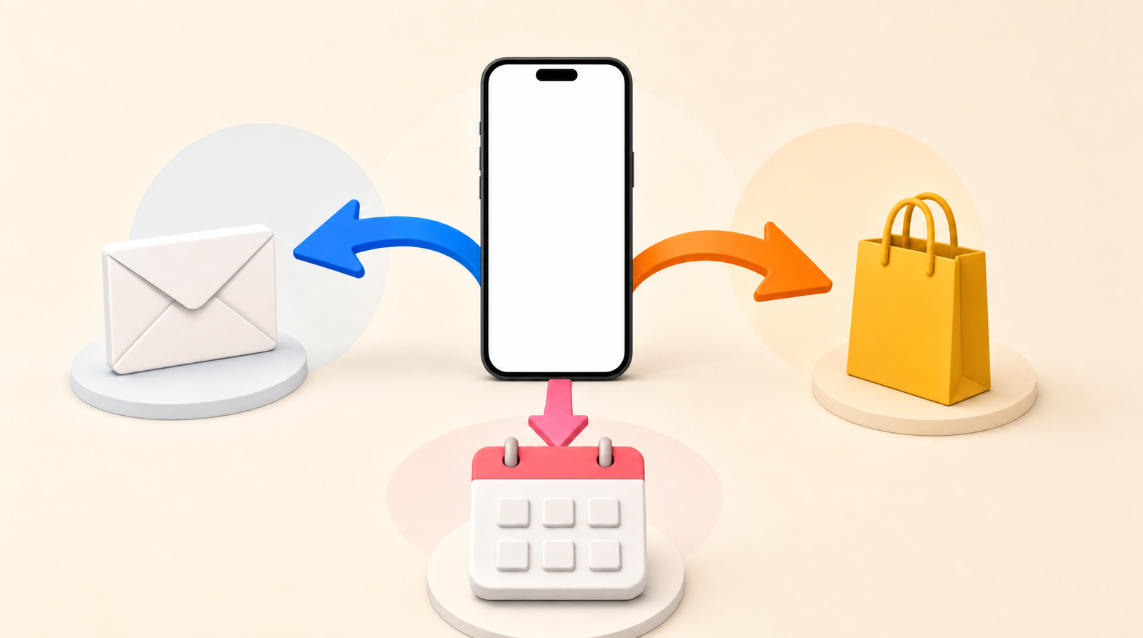 One smartphone with a blank screen in the centre with three bold coloured arrows leaving it toward an envelope, a shopping bag and a calendar, on a soft neutral background