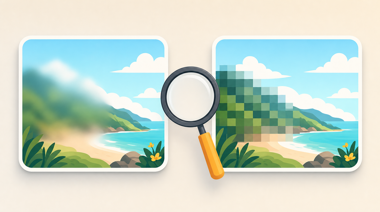 Two illustrated photo cards side by side on a neutral background. The left card has a soft, cloudy blur smeared across part of a coastal scene. The right card has the same area covered in chunky mosaic squares. A magnifying glass sits between the two cards.