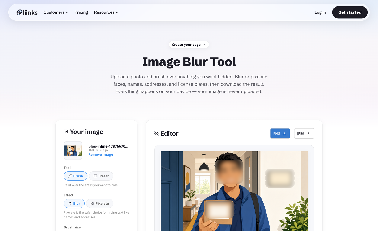 The Liinks Image Blur Tool with a photo loaded: the left panel shows the uploaded file name and its 1600 by 893 pixel dimensions along with Brush and Eraser tools and Blur and Pixelate effect options, and the right Editor panel shows the photo of a person at a front door with their face, a parcel label, and a wall plaque all blurred out.
