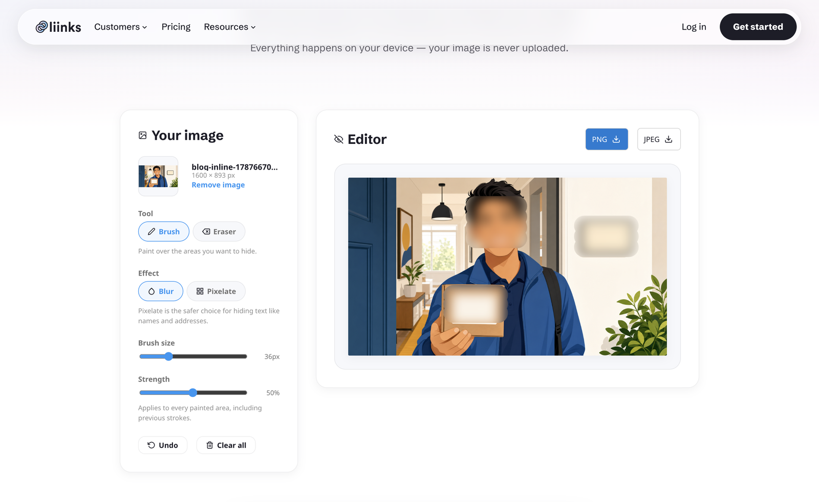 The Liinks Image Blur Tool in Blur mode at 50 percent strength, brush size 36 pixels. The Editor panel shows a photo of a person holding a parcel at a front door, with soft blur patches painted over their face, the shipping label on the parcel, and the plaque on the wall behind them.