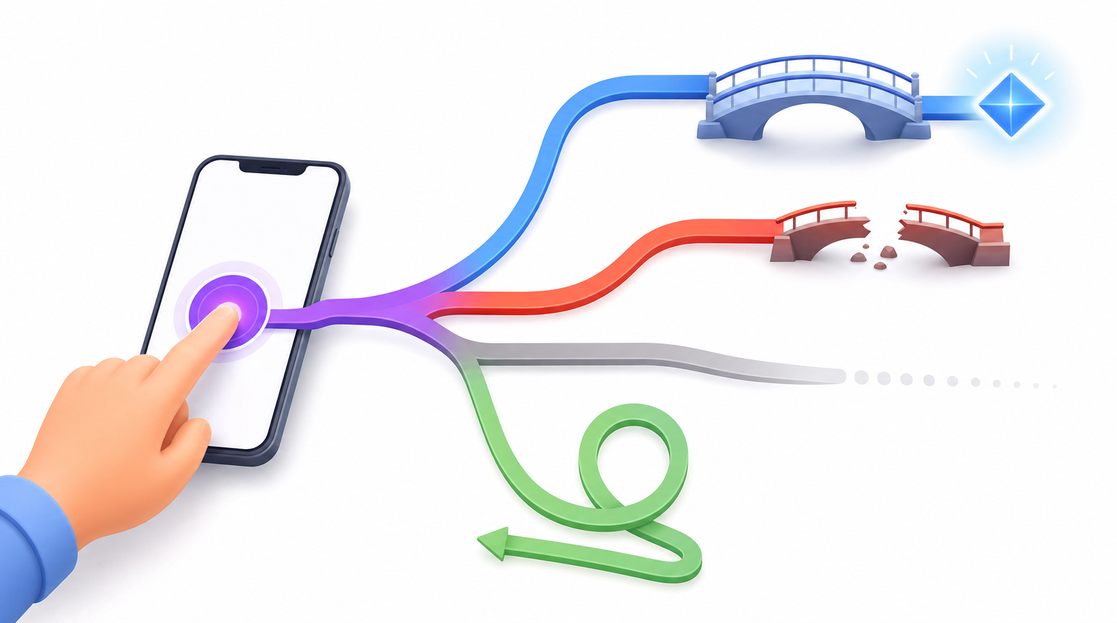 A hand taps a glowing purple button on a smartphone, sending a coloured path outward that splits into four routes: a blue route crossing a complete bridge to a glowing destination, a red route ending at a broken bridge with a gap in the middle, a grey route fading into dots, and a green route that loops back on itself and points back the way it came