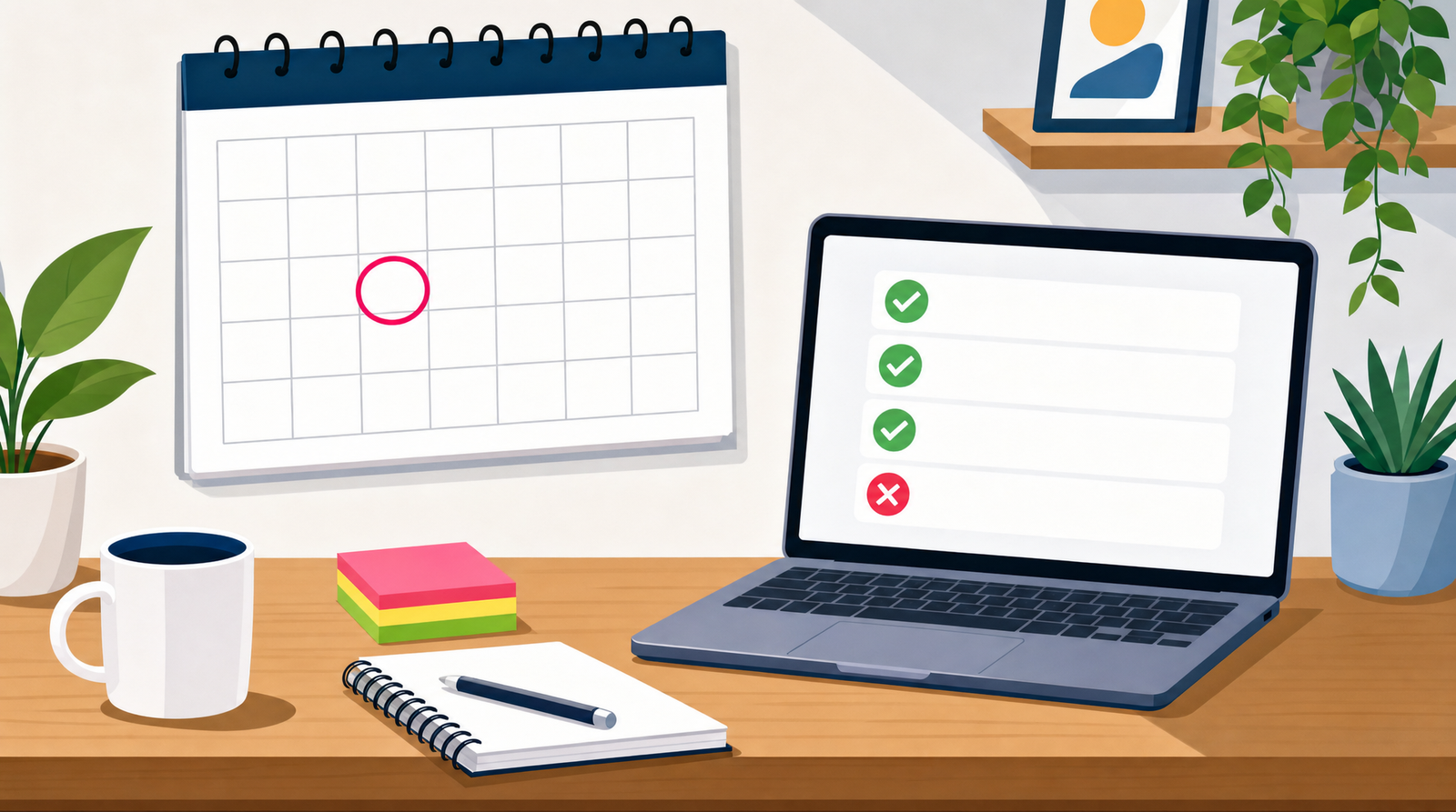 A bright illustrated desk scene with a wall calendar where one square is circled in pink, a laptop beside it showing a simple checklist of four blank rows with three green ticks and one red cross, a mug of coffee, a stack of coloured sticky notes, a spiral notepad with a pen, and potted plants on both sides