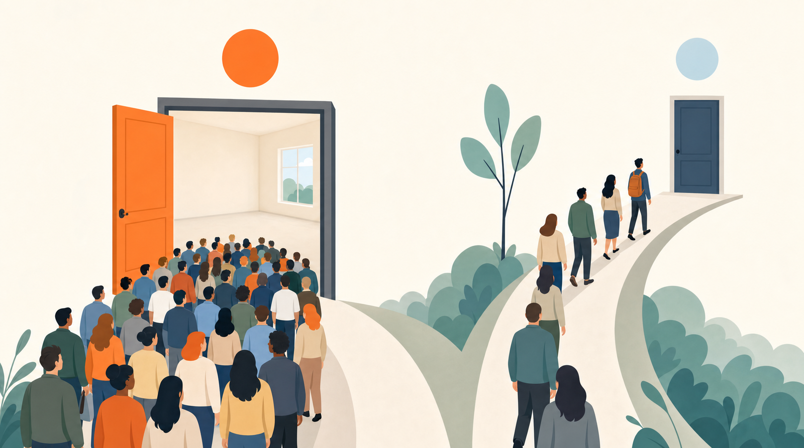 A flat illustration of a large crowd streaming through a wide open orange door into a completely empty room while a small group walks a separate path toward a closed door in the distance