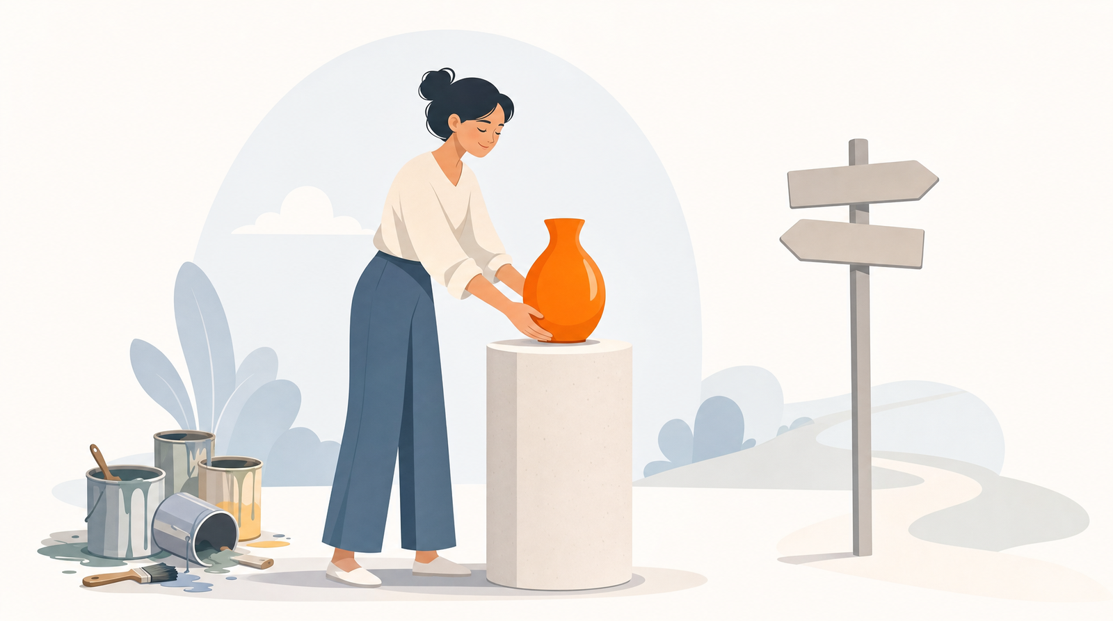 A flat illustration of a person calmly placing a single bright orange vase onto an empty display pedestal, with paint cans and brushes set aside on the ground and an untouched blank signpost standing to the right