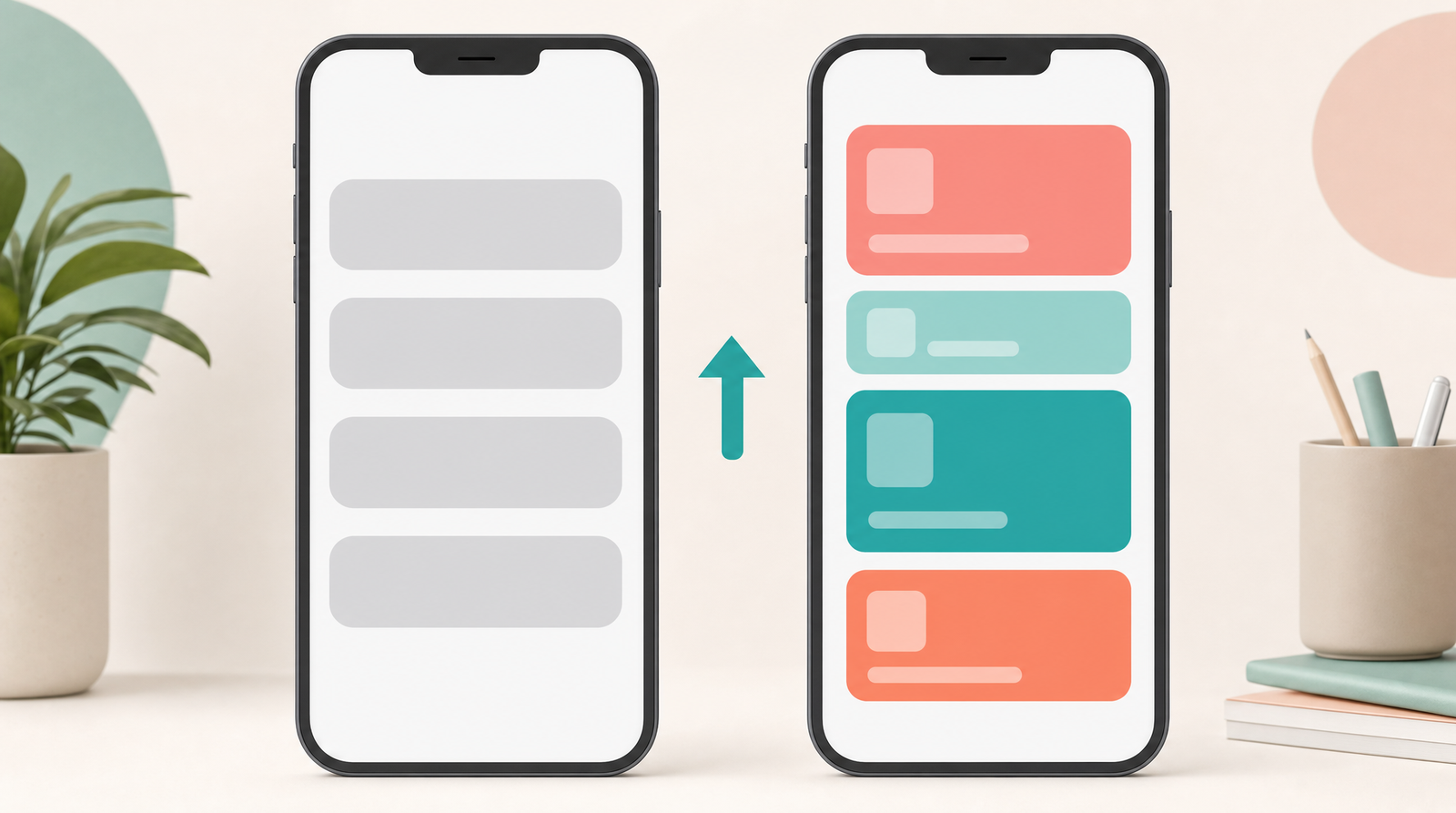 Two smartphones side by side on a soft neutral background. The left phone shows four identical flat grey rounded bars, all the same size and completely blank. A teal arrow points to the right phone, which shows four varied coral and teal cards of different heights, each with a small square thumbnail and a thin lighter bar underneath