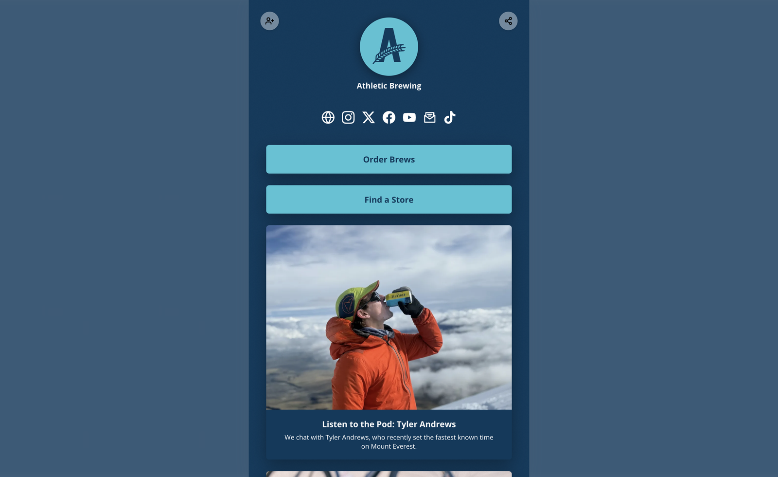A Liinks page for Athletic Brewing on a dark blue background, with a circular logo, a row of social icons, and two wide light blue buttons labelled Order Brews and Find a Store, followed by a photo card titled Listen to the Pod: Tyler Andrews with a one line description underneath