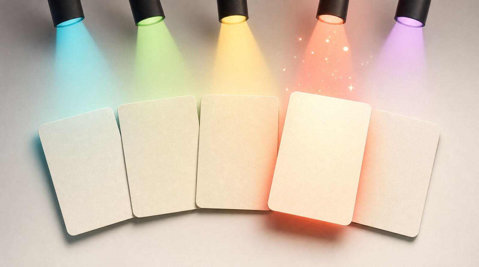 Five identical blank cream cards fanned out in a row, each lit by a different colored spotlight, with one card catching a warm coral light