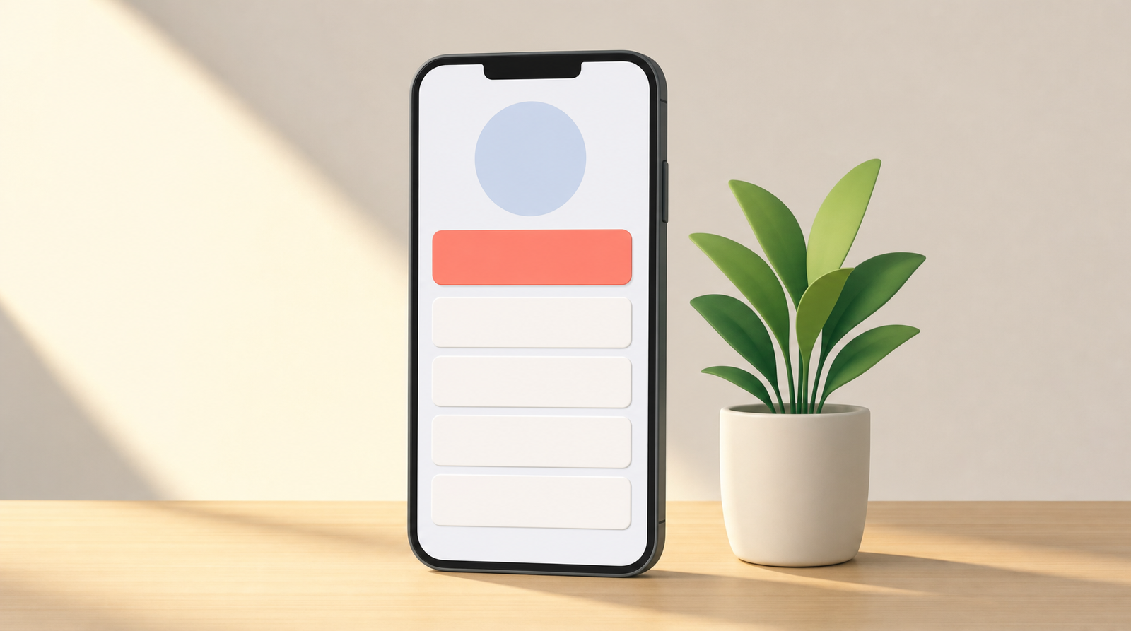 A smartphone standing upright on a light wooden desk showing an abstract page layout: a circular avatar, a highlighted coral banner strip, and four blank stacked buttons, with a small potted plant beside it